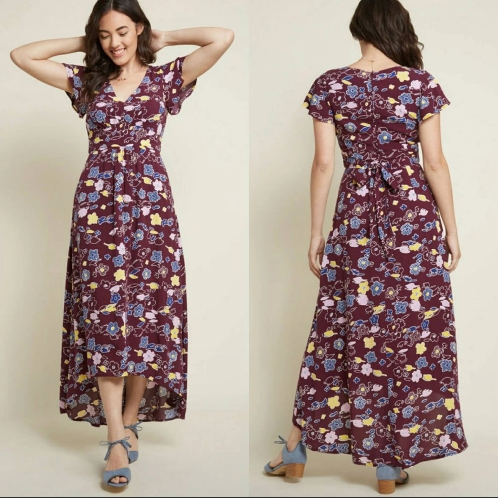 Modcloth Dress Maxi Gallery Flattery Floral Purple Plum Hi-Low Prairie Women’s S